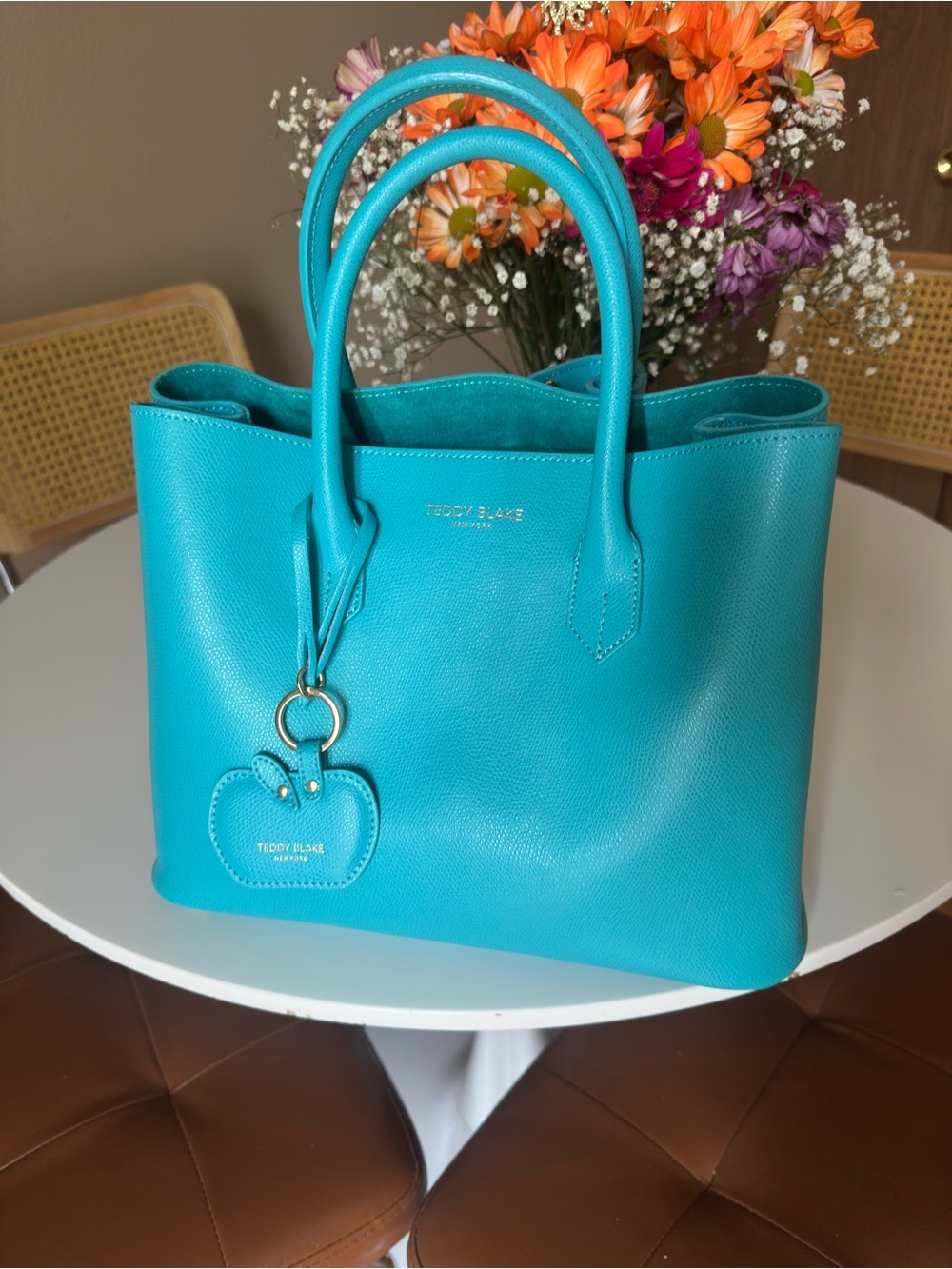TEDDY BLAKE Turquoise Leather Tote with Heart Charm